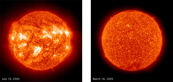 Sunspot cycle peak (left) and minimum (right) in UV.