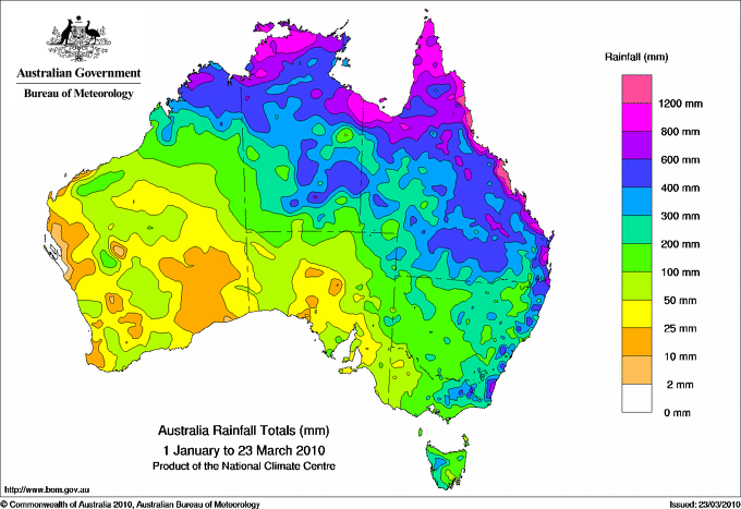 Map Graph: percentage rainfall Australia totals 2010