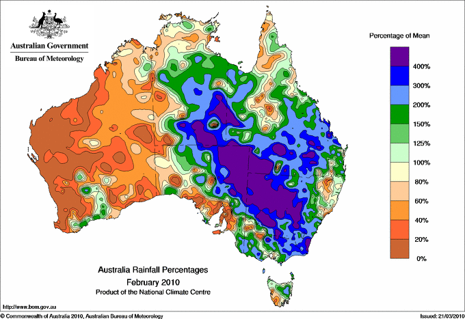 Map Graph: percentage rainfall Australia february 2010