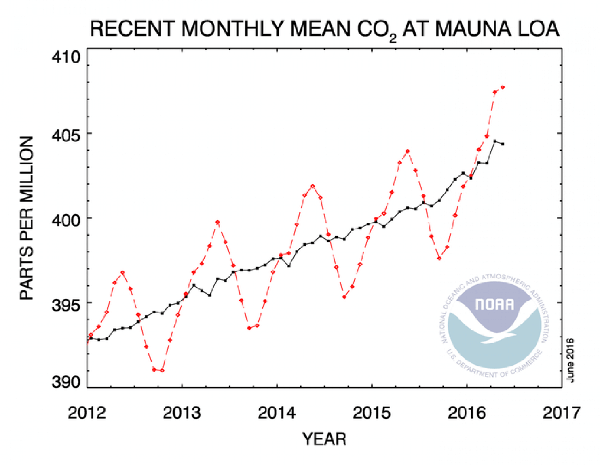 Mauna-loa, global CO2 levels, 2016, NOAA. Graph.