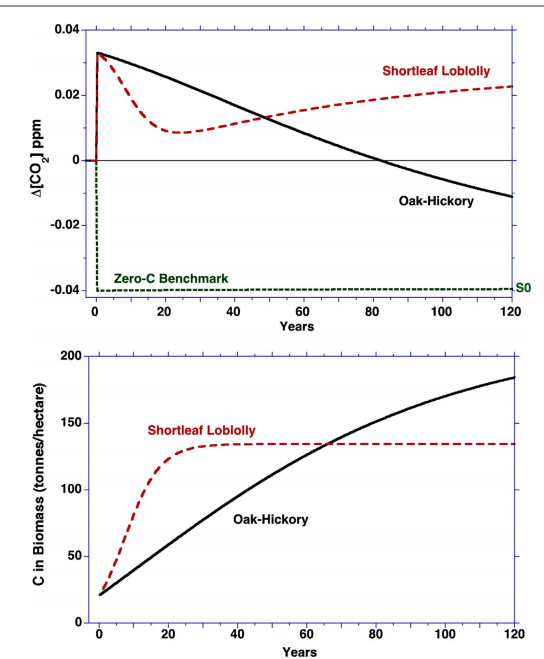 Oak, Pine, regrowth, carbon emissions, graph. 2018.