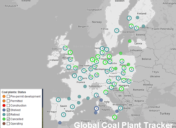 Closed, cancelled, retired, coal fired power plants, Europe, Map.