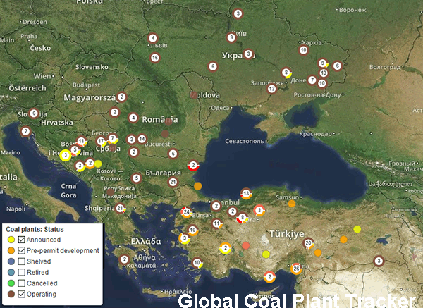 New and Current coal fired power plants, Eastern Europe, Map.