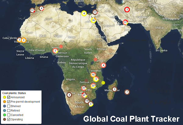 New and Current coal fired power plants, Africa, Map.