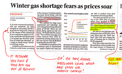 Gas Shortage fears as prices soar, article. Australian Electricity Grid. News.