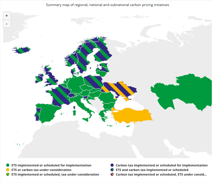 World Bank, Europe, Carbon tax and ETS map, 2017