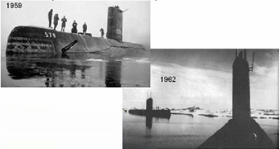 Submarines surfacing at the north pole