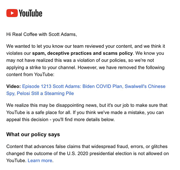 Youtube deletion message